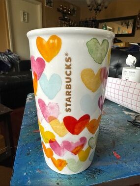 Starbucks White Ceramic Cup with Multicolor Heart Motif